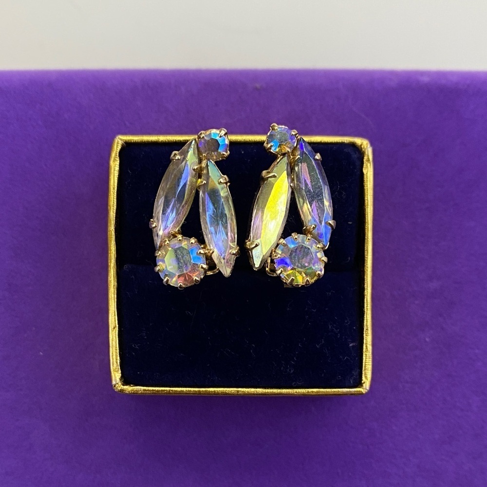 💛 Vintage Aurora Crystal Clip On Earrings | Gold Tone Retro Statement